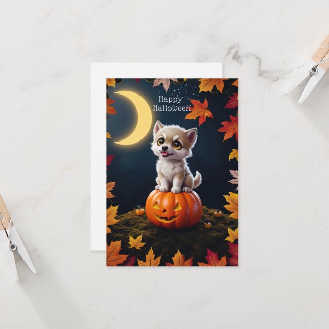 Cute Kitten on a Pumpkin with Fall Leaves Card (Front/Back In Situ)