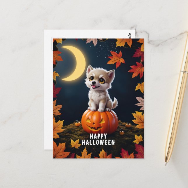 Cute Kitten on a Pumpkin with Fall Leaves Postcard (Front/Back In Situ)
