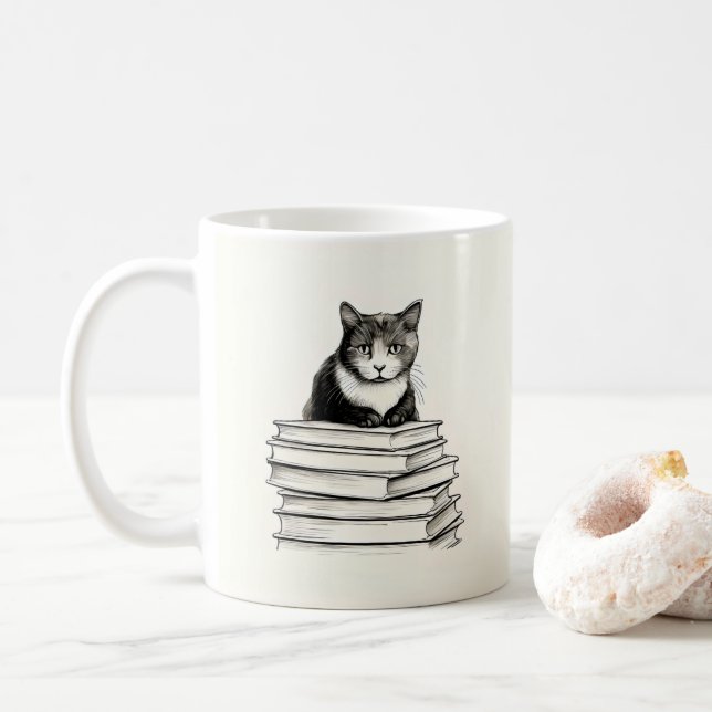 Cute Kitten on Books Coffee Mug (With Donut)