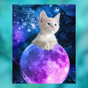 Cute Kitten On The Moon, Glowing Stars, Universe Photo Print