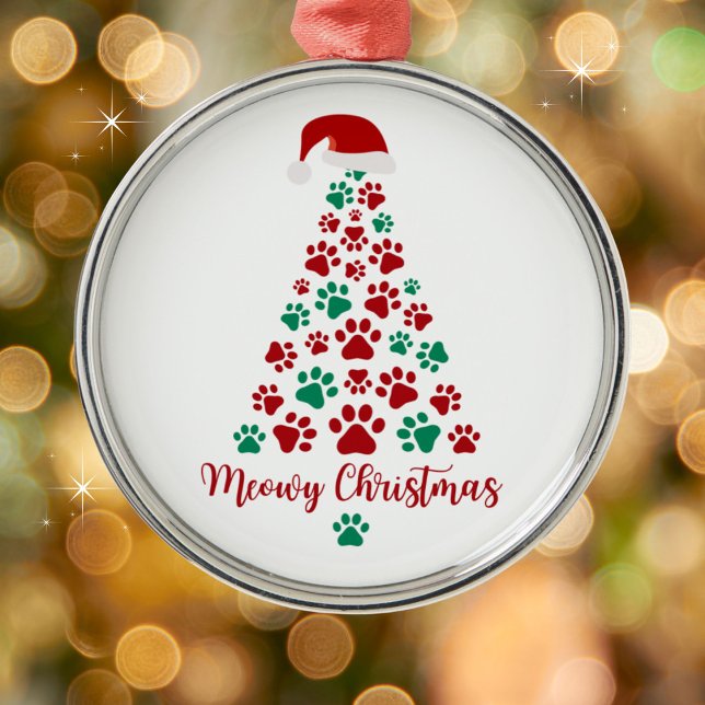 Cute Kitten Paw Print Meowy Christmas Tree Metal Ornament (Creator Uploaded)