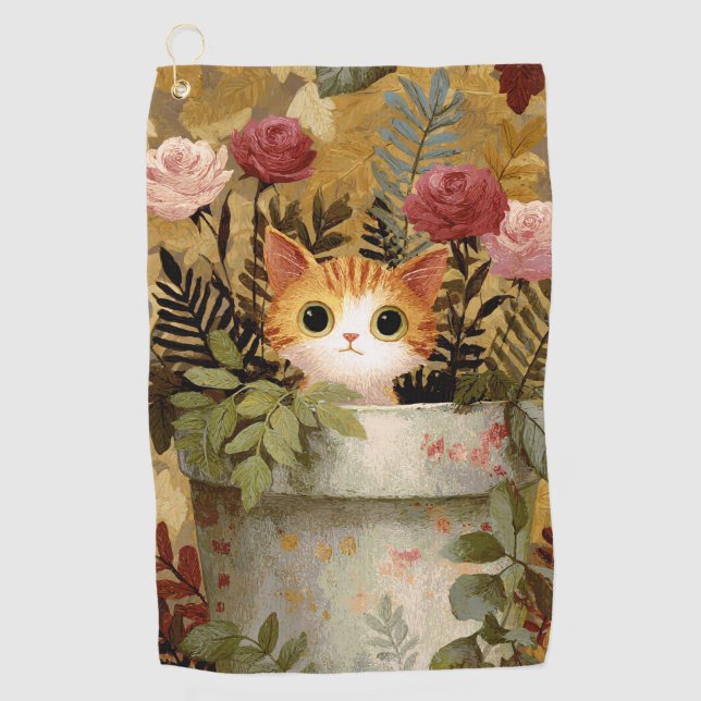 Cute Kitten Peeking From a Pot Golf Towel (Front)