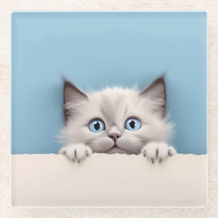 Cute Kitten Peeking Ragdoll Cat Glass Coaster