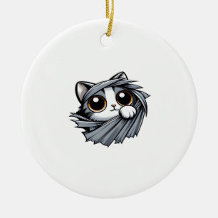 Cute Kitten Peeking Through Torn Cloth Ceramic Ornament