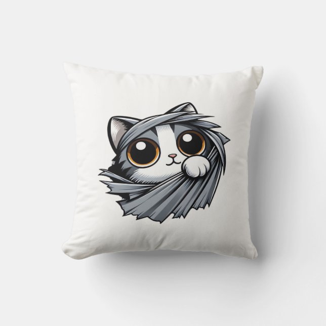 Cute Kitten Peeking Through Torn Cloth Cushion (Front)
