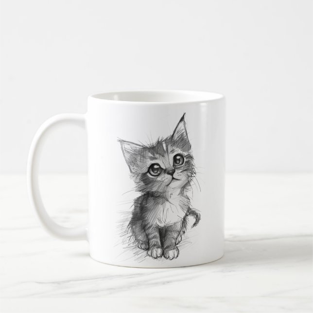 Cute Kitten Pencil Sketch Coffee Mug (Left)