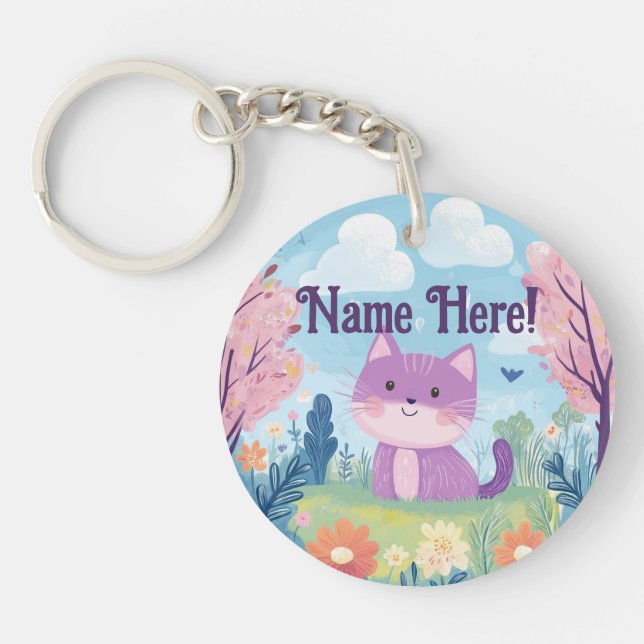 Cute Kitten Personalised Name Purple Cat Key Ring (Front)