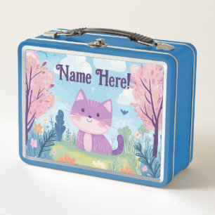 Cute Kitten Personalised Name Purple Cat Metal Lunch Box