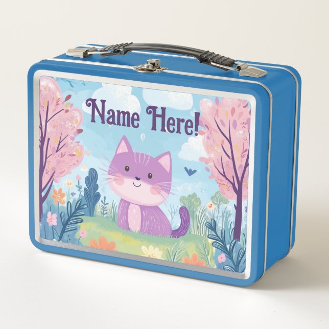 Cute Kitten Personalised Name Purple Cat Metal Lunch Box (Front)