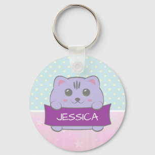 Cute Kitten Personalized Polka Dot Key Ring