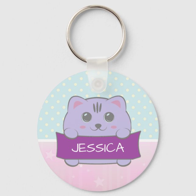 Cute Kitten Personalized Polka Dot Key Ring (Front)