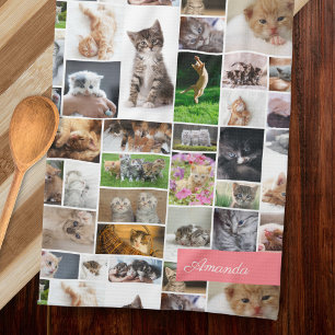 Cute Kitten Photo Montage Coral Pink Cat Pattern Tea Towel