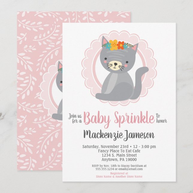 Cute Kitten Pink Girls Baby Sprinkle Invitation (Front/Back)