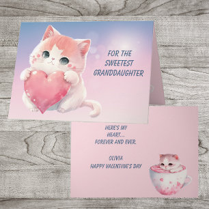 Cute Kitten Pink Heart Granddaughter Valentine Holiday Card