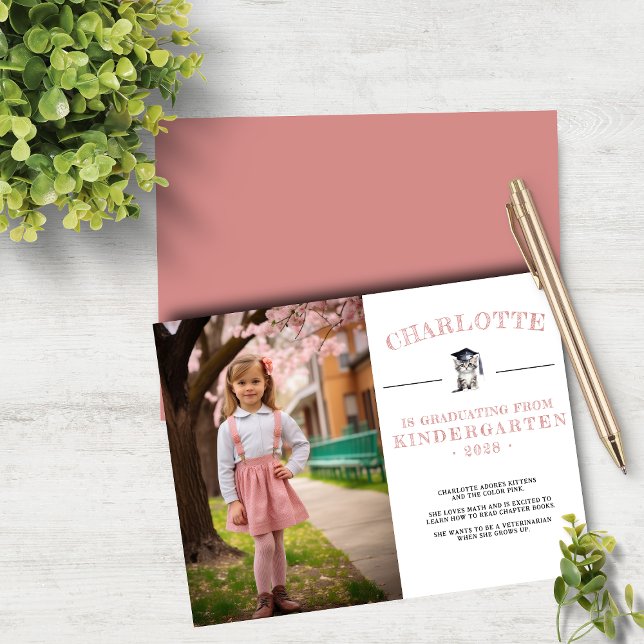 Cute Kitten Pink Kindergarten Graduation Announcement (Creator Uploaded)
