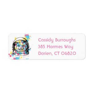 Cute Kitten Pink Watercolor Alien Astronaut Cat Return Address Label