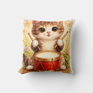 Cute Kitten Playing Drum Kawaii Cat Musician Anima Cushion
