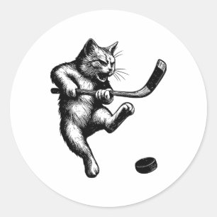 Cute Kitten Playing Ice Hockey Stick Puck Ice Hock Classic Round Sticker