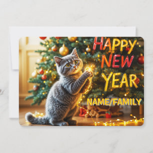 Cute Kitten Playing With Fairy Lights Holiday Card