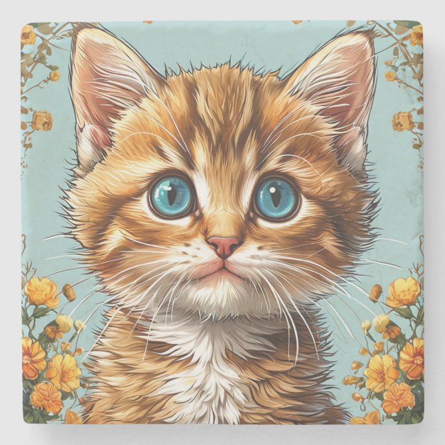 Cute kitten portrait stone coaster (Front)