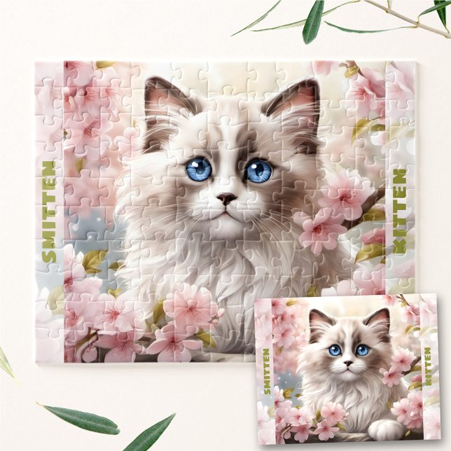 Cute Kitten Ragdoll Cat Spring Floral Custom Name Jigsaw Puzzle (Cute Kitten Ragdoll Cat Spring Floral Custom Name Jigsaw Puzzle)