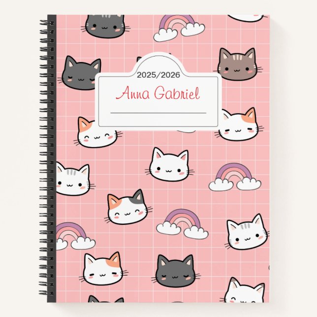 Cute Kitten Rainbow and Pink Plaid Notebook  (Front)