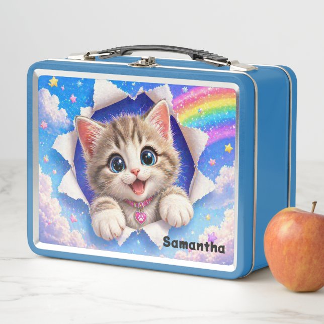 Cute Kitten Rainbow Cat Breaking Through  Metal Lunch Box (In Situ)
