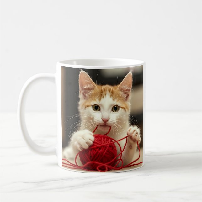 Cute Kitten Red Yarn Coffee Mug (Left)
