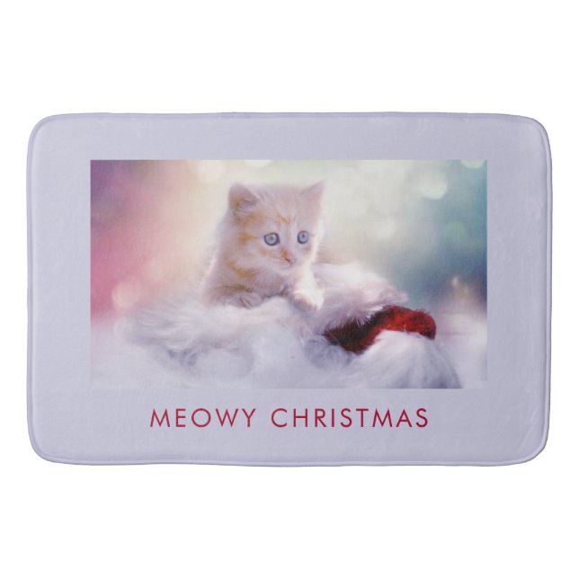 Cute Kitten Resting On a Santa Hat Meowy Christmas Bath Mat (Front)