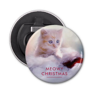 Cute Kitten Resting On a Santa Hat Meowy Christmas Bottle Opener