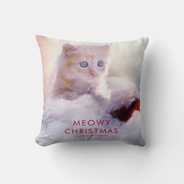 Cute Kitten Resting On a Santa Hat Meowy Christmas Cushion (Front)
