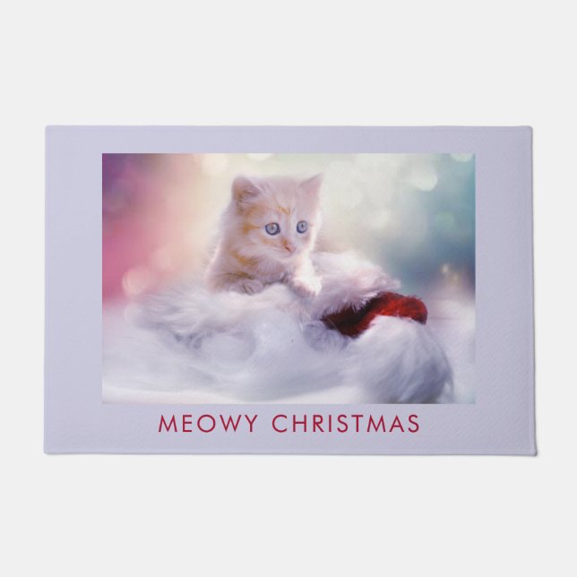Cute Kitten Resting On a Santa Hat Meowy Christmas Doormat (Front)