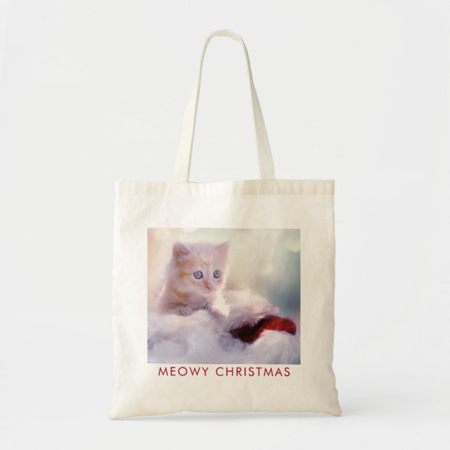 Cute Kitten Resting On a Santa Hat Meowy Christmas Tote Bag (Front)