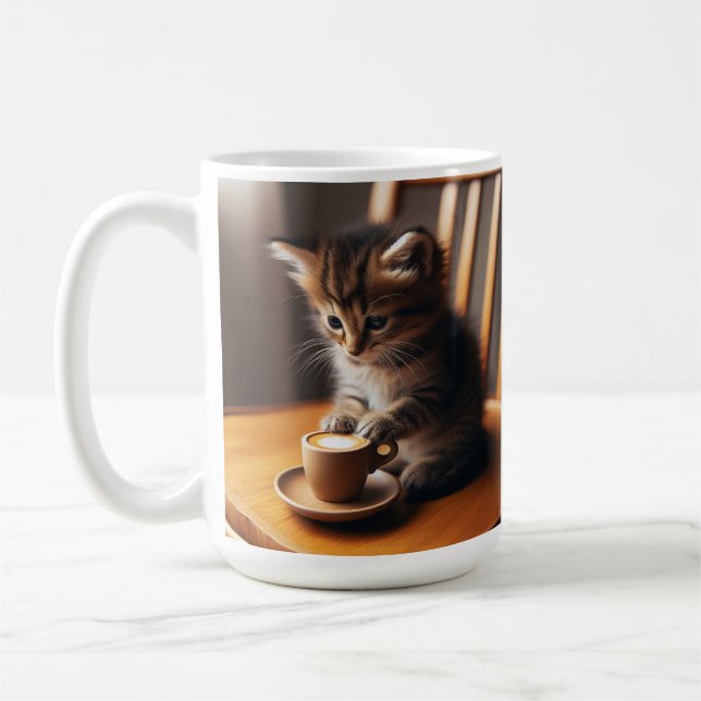 Cute Kitten sitting in a chair with a cup. Coffee Mug (Left)