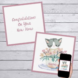 Cute Kitten Sitting In A Pot Of Flowers New Home Card