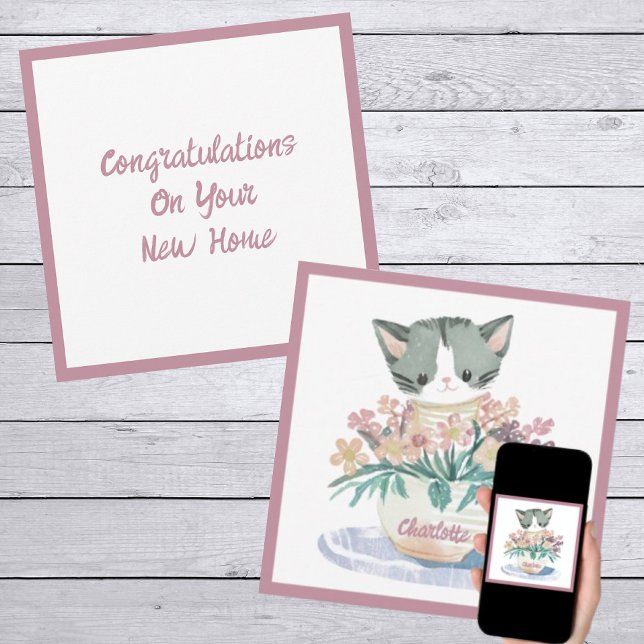 Cute Kitten Sitting In A Pot Of Flowers New Home Card (Front And Back)