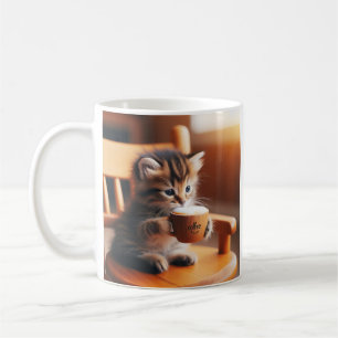 Cute kitten sitting on a chair drinking a coffee. coffee mug