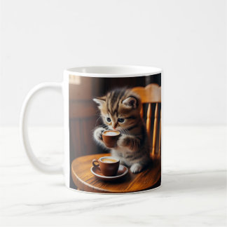 Cute kitten sitting on a chair drinking coffee. coffee mug