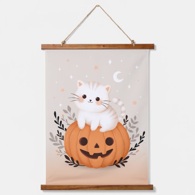 Cute Kitten Sitting On Pumpkin Modern Halloween  Hanging Tapestry (Front)