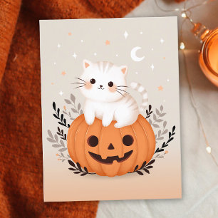 Cute Kitten Sitting On Pumpkin Modern Halloween  Postcard