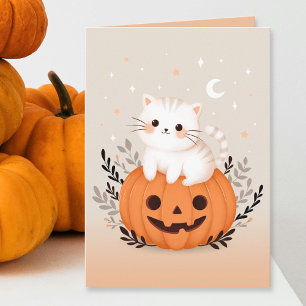 Cute Kitten Sitting On Pumpkin Pastel Halloween  Card
