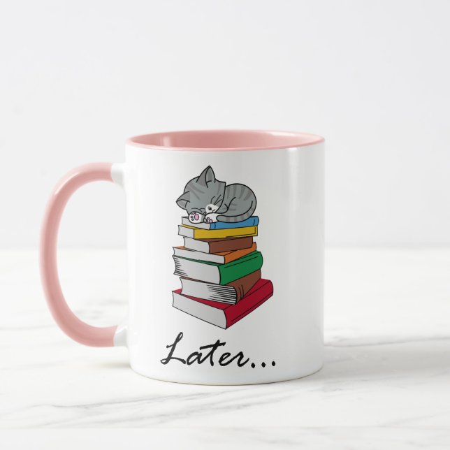 Cute kitten sleeping on a stack of Books - Later Mug (Left)