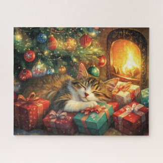 Cute kitten sleeping under a Christmas tree Jigsaw Puzzle