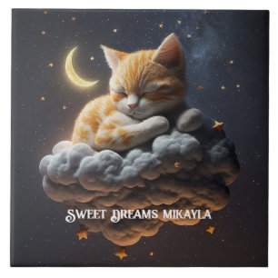 Cute Kitten Sleeps on Cloud Ceramic Tile