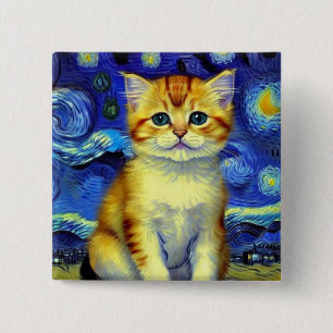 Cute Kitten Starry Night Van Gogh 15 Cm Square Badge