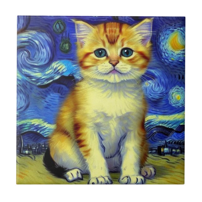 Cute Kitten Starry Night Van Gogh Ceramic Tile (Front)