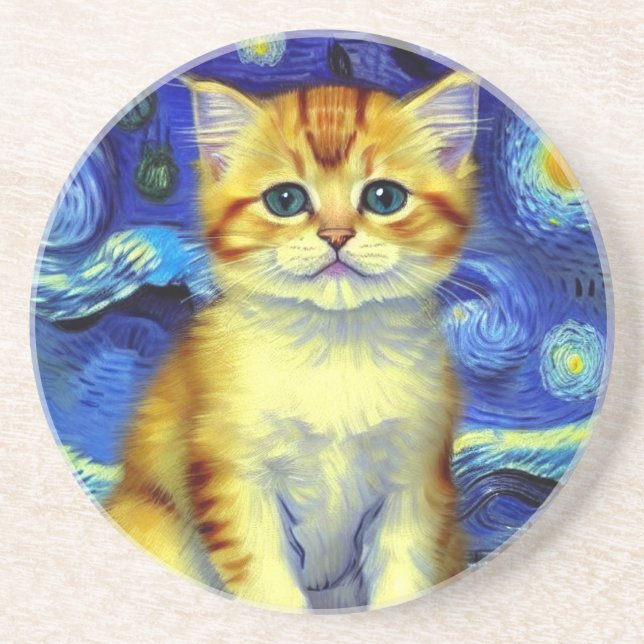 Cute Kitten Starry Night Van Gogh Coaster (Front)