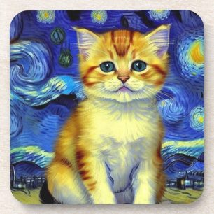 Cute Kitten Starry Night Van Gogh Coaster