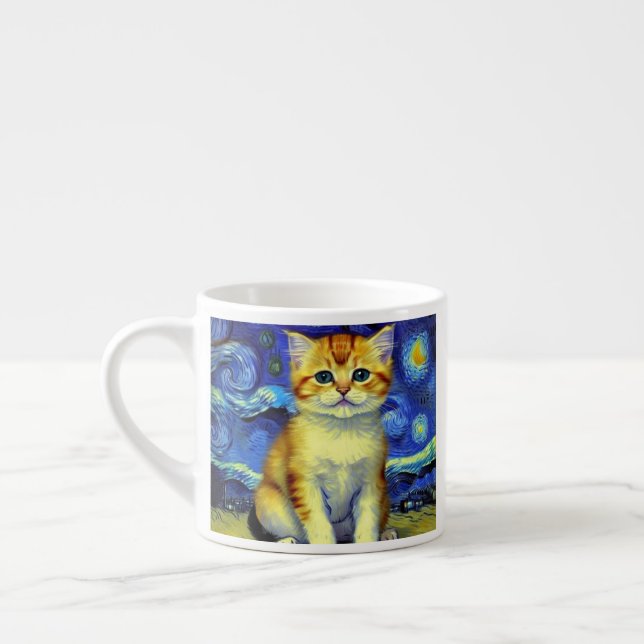 Cute Kitten Starry Night Van Gogh Espresso Cup (Left)