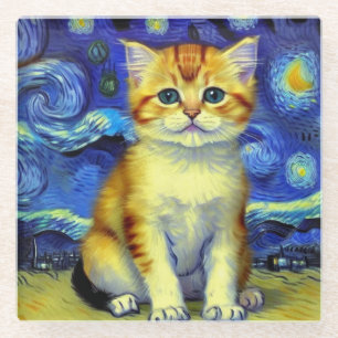 Cute Kitten Starry Night Van Gogh Glass Coaster